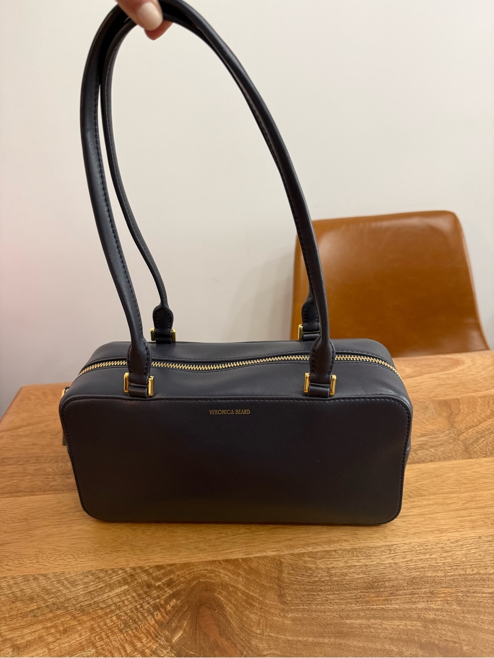 Veronica Beard Navy Leather Dual-Handle Satchel with Gold Hardware - Picture 2 of 3